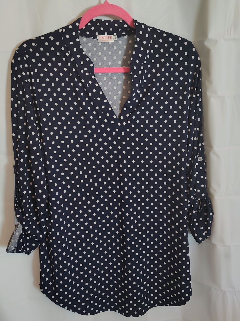 Halife Halife Women's V-Neck Polka Dot Roll Up Sleeve Blouse Black & White M